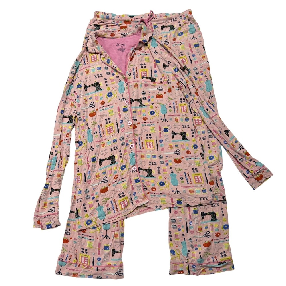 Nick & Nora Women's Medium Sewing Seamstress Pajama 2 pc Set Pink Jersey Knit